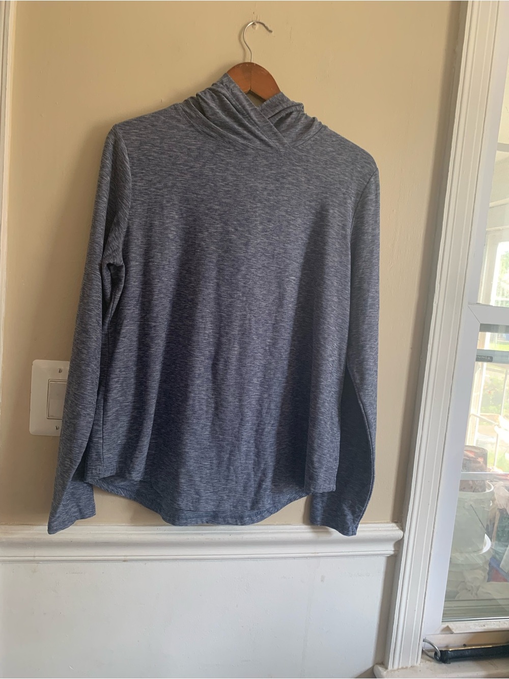 Ebb & Flow Space Dyed Blue Pullover Hoodie Womens Size L Large Crossover Neck